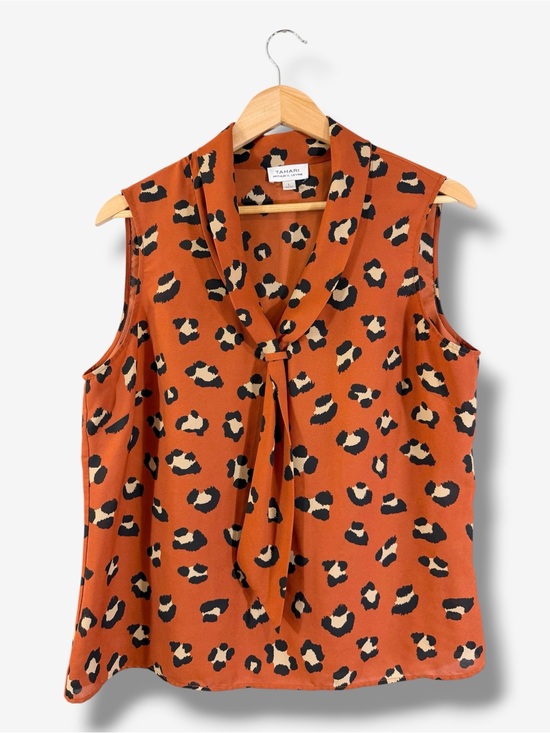 Tahari ASL Tops - Tahari ASL Orange Leopard Print Blouse Size L Sleeveless Tie Neck Office Casual